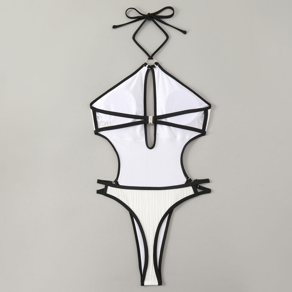 Traje de baño de una pieza brasileño con textura sexy, tanga de pierna alta, corte halter y monokini