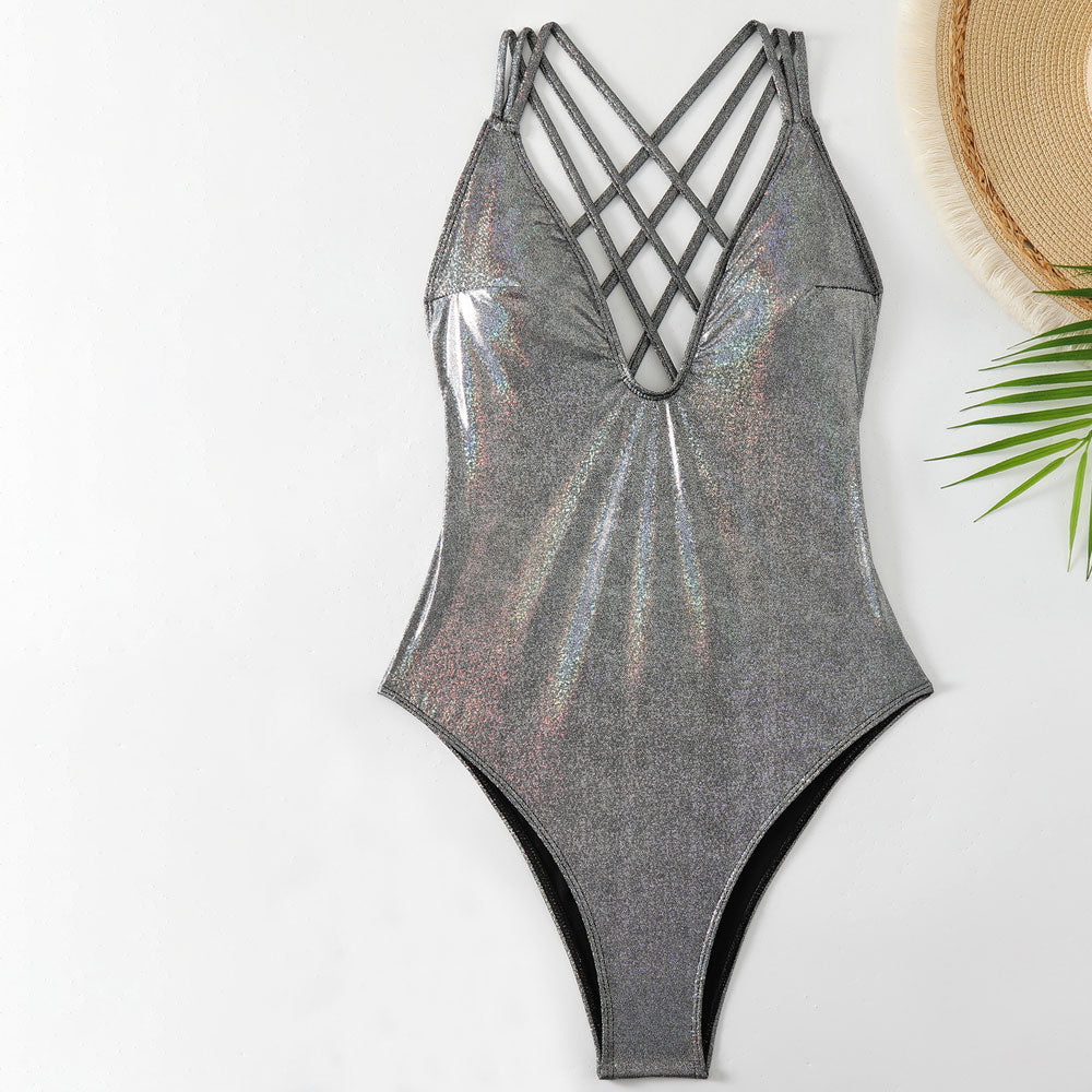 Shimmer Metallic Open Back Cross Strappy Deep V Brazilian One Piece Swimsuit