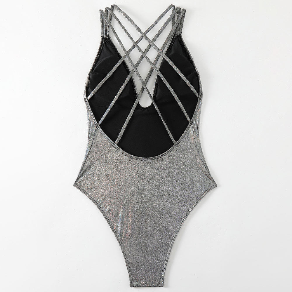 Shimmer Metallic Open Back Cross Strappy Deep V Brazilian One Piece Swimsuit
