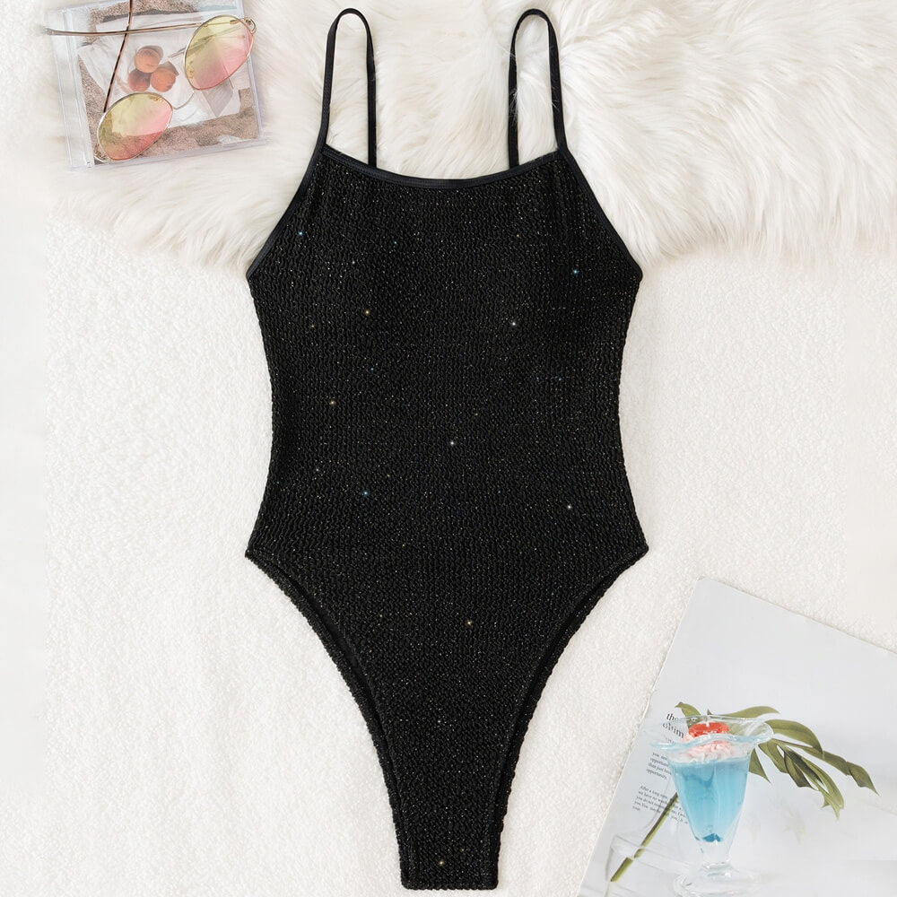 Black shimmering lurex scoop-neck high-leg one-piece swimsuit, flat lay