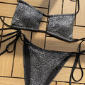 Black shimmery textured bikini set: triangle top and Brazilian bottom, tie strings