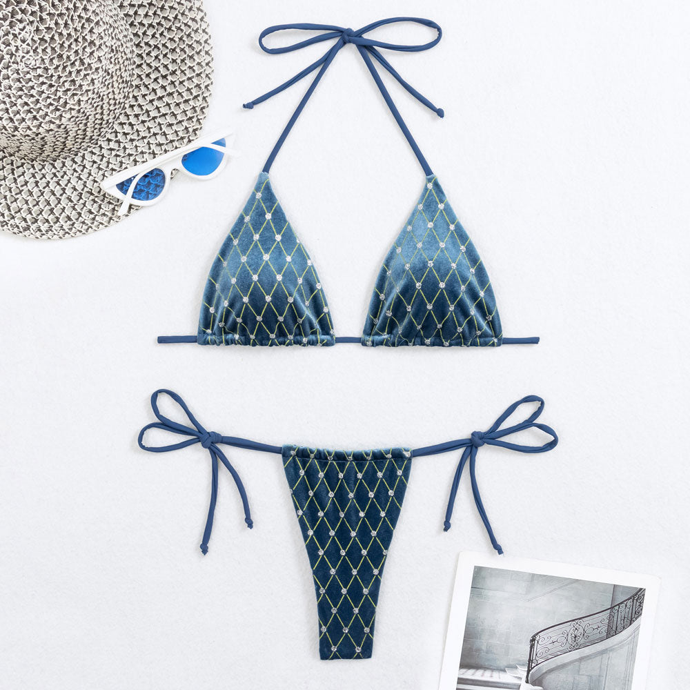 Bikini deux pièces en velours brésilien triangle string en forme de losange scintillant