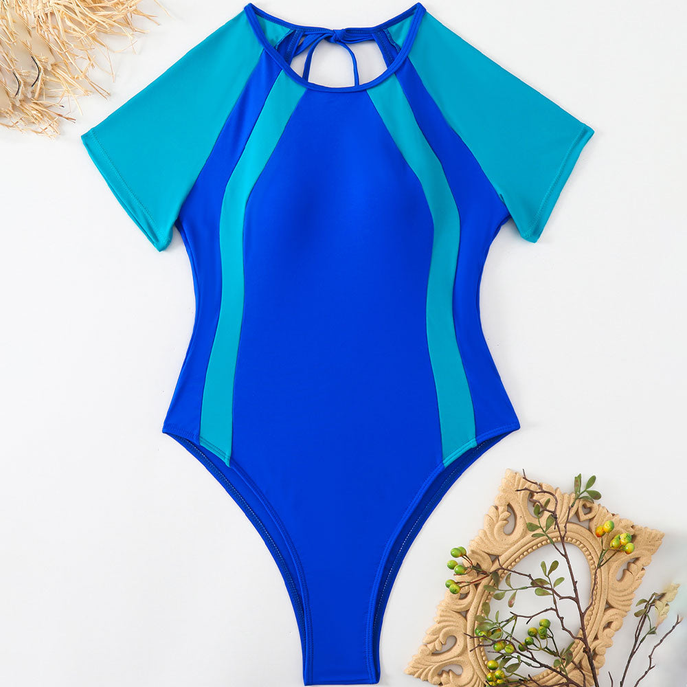 Sportlicher brasilianischer Badeanzug mit Farbblockdesign, hohem Beinausschnitt, Rückenausschnitt und kurzen Ärmeln