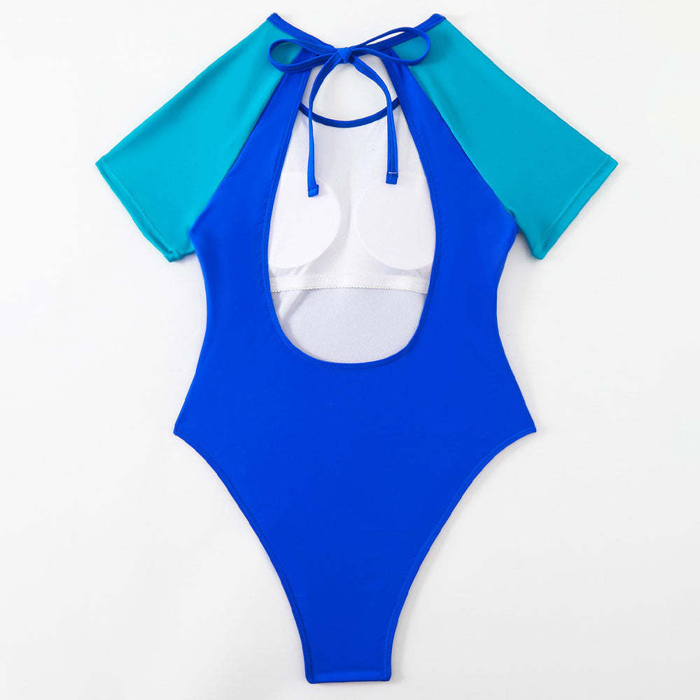 Sportlicher brasilianischer Badeanzug mit Farbblockdesign, hohem Beinausschnitt, Rückenausschnitt und kurzen Ärmeln