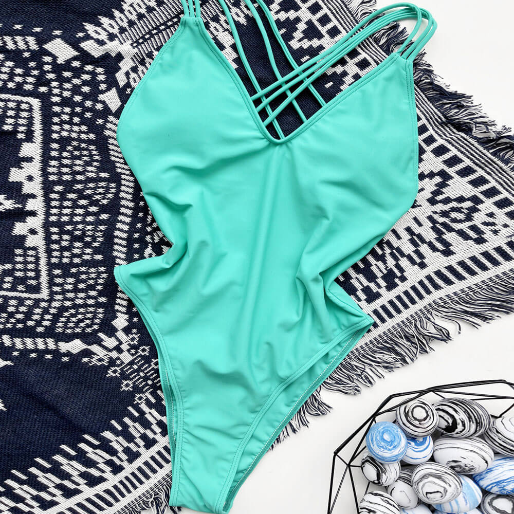 Traje de baño brasileño de una pieza con espalda abierta y escote en V profundo entrecruzado de moda