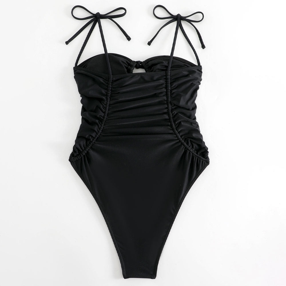 Unique High Leg Cheeky Ruched Tie String Keyhole Brazilian One Piece Swimsuit