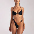 Black color-block halter bikini set with O-ring front and Brazilian high-leg bottoms