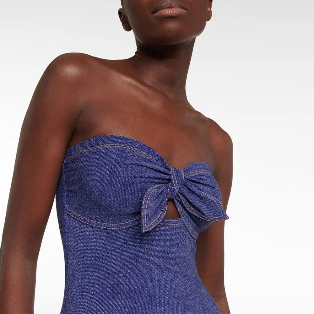 Vintage Gestreifter Rock Denim Print Fliege Bandeau Brasilianischer Einteiler Badeanzug