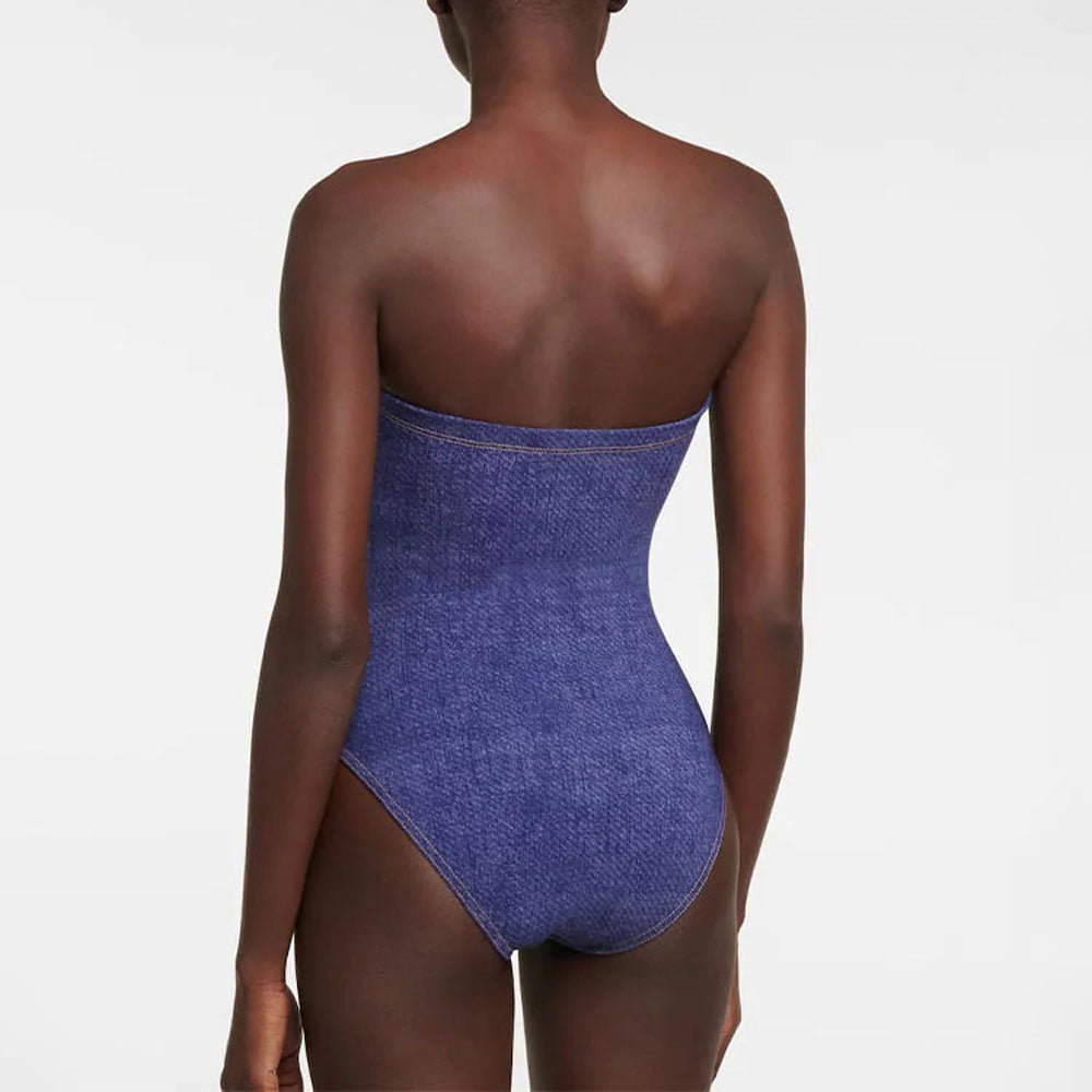 Vintage Gestreifter Rock Denim Print Fliege Bandeau Brasilianischer Einteiler Badeanzug