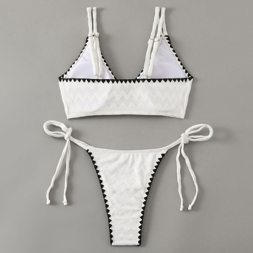 Wave Terry Whipstitch Trim Doppelriemen Brasilianischer Zweiteiler Bikini Badeanzug