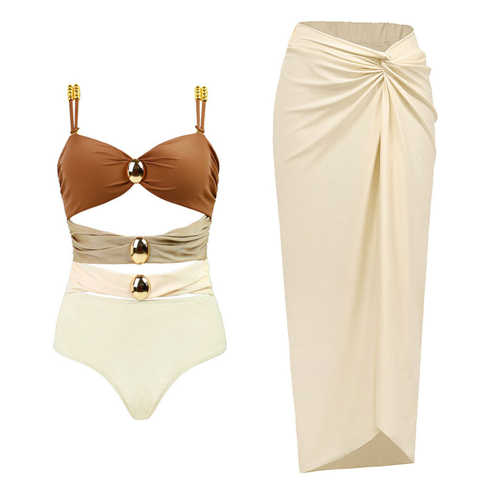 Jugendlicher brasilianischer Badeanzug mit Farbblock und metallischem Akzent, gerüschtem Ausschnitt