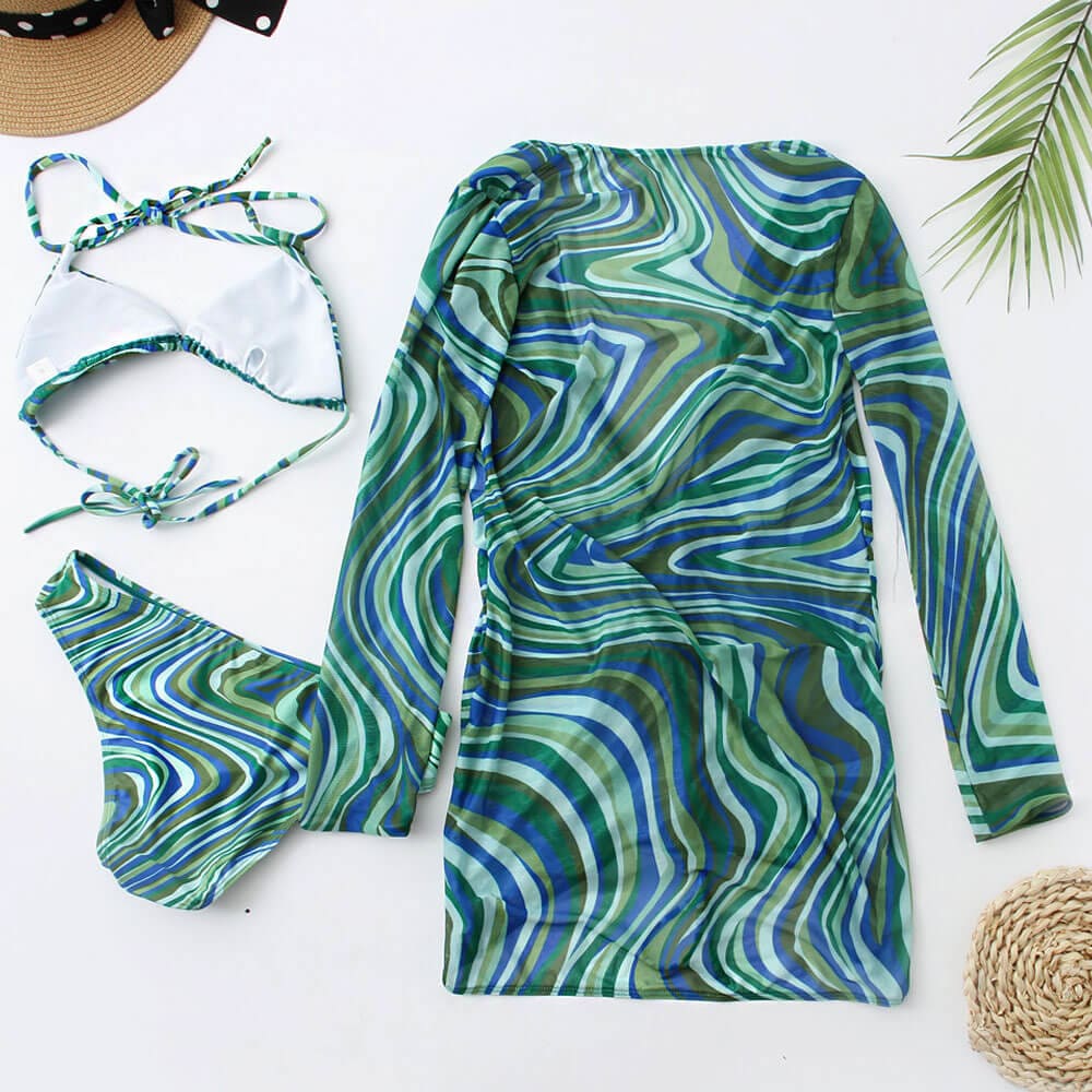 Abstract Mesh Cover Up Triangle Three Piece Swimsuit - On sale