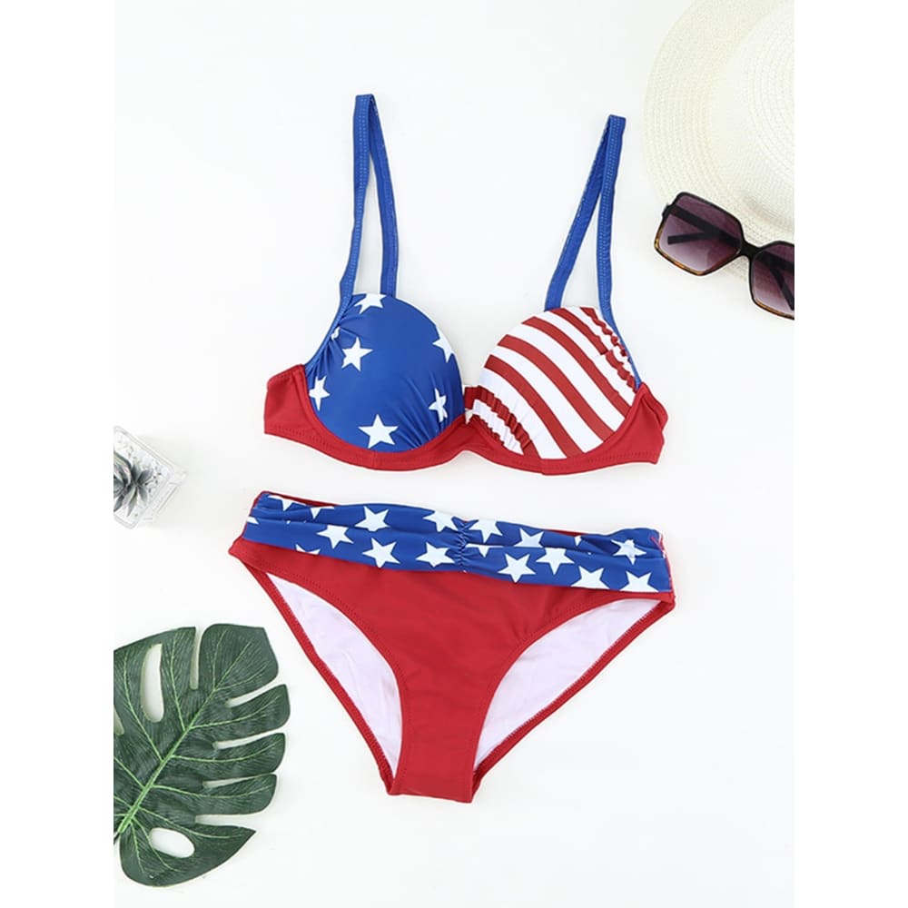 American Star-Striped Flag Padded Adjustable Straps Bikini - On sale