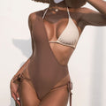 Asymmetric Cutout String Brazilian One Piece Swimsuit - Brown / S On sale