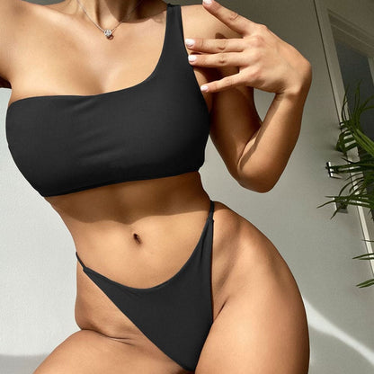 Asymmetric One Shoulder Brazilian Thong Bikini Swimsuit - Black / S On sale