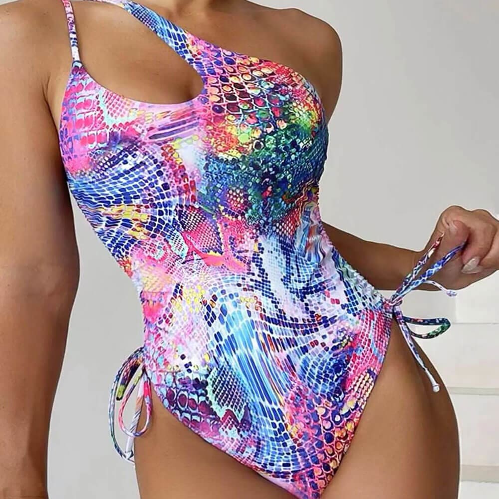 Asymmetric One Shoulder Cutout Piece Swimsuit - Multicolor / S On sale