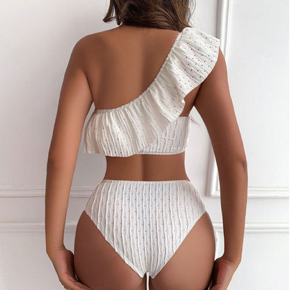 Asymmetric Ribbed Ruffle One Shoulder Bikini Swimsuit - On sale