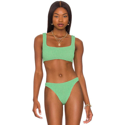 Athletic Shirred Scoop Neck Brazilian Bikini Swimsuit - Green / S On sale