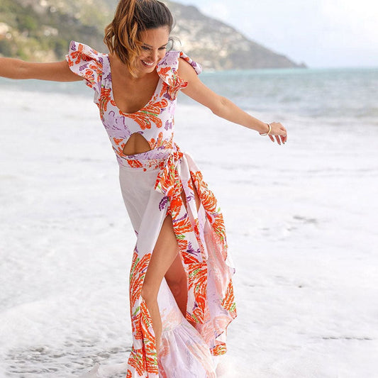 Boho Contrast Feather Printed Chiffon Beach Cover Up - White / One Size On sale
