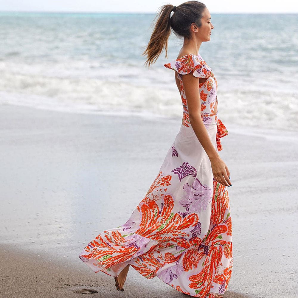 Boho Contrast Feather Printed Chiffon Beach Cover Up - White / One Size On sale