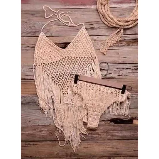 Boho Fringe Halter Crochet Low Rise Bikini Swimsuit - On sale