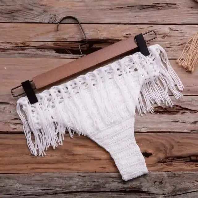 Boho Fringe Halter Crochet Low Rise Bikini Swimsuit - Bottom White / One Size On sale