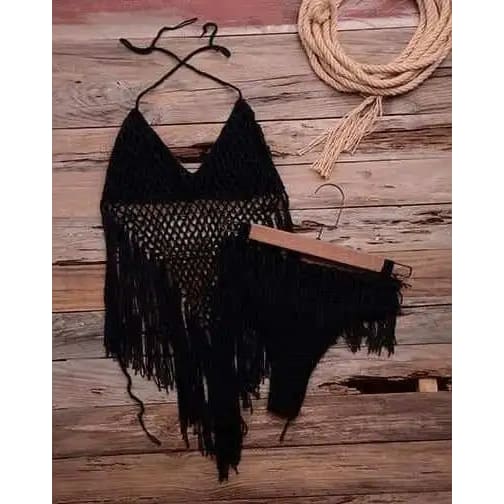 Boho Fringe Halter Crochet Low Rise Bikini Swimsuit - Set Black / One Size On sale