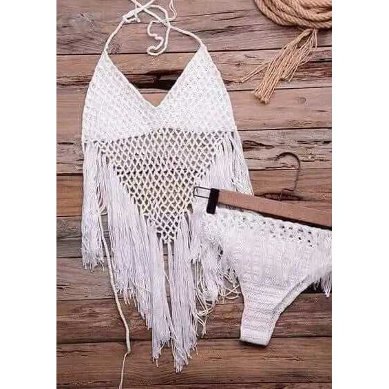 Boho Fringe Halter Crochet Low Rise Bikini Swimsuit - Set White / One Size On sale