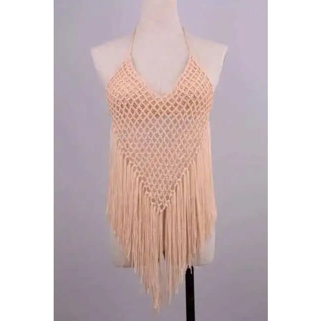 Boho Fringe Halter Crochet Low Rise Bikini Swimsuit - Top Apircot / One Size On sale
