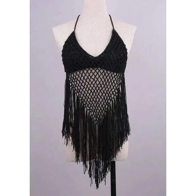 Boho Fringe Halter Crochet Low Rise Bikini Swimsuit - Top Black / One Size On sale