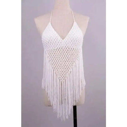 Boho Fringe Halter Crochet Low Rise Bikini Swimsuit - Top White / One Size On sale