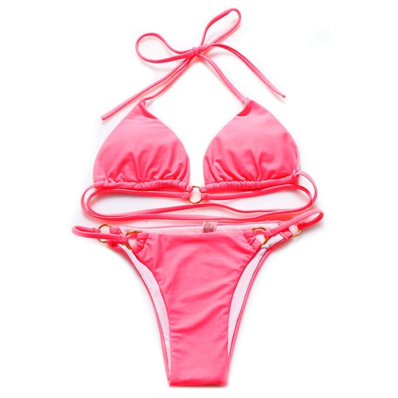 Boho Multi String Sliding Triangle Mini Brazilian Swimsuit - PINK / S On sale