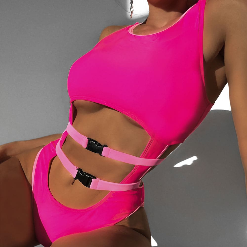 Buckle Cutout Scoop Neck Brazilian One Piece Swimsuit - Hot Pink / S On sale