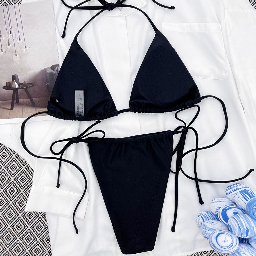 Butterfly Embroidered String Triangle Bikini Swimsuit - On sale