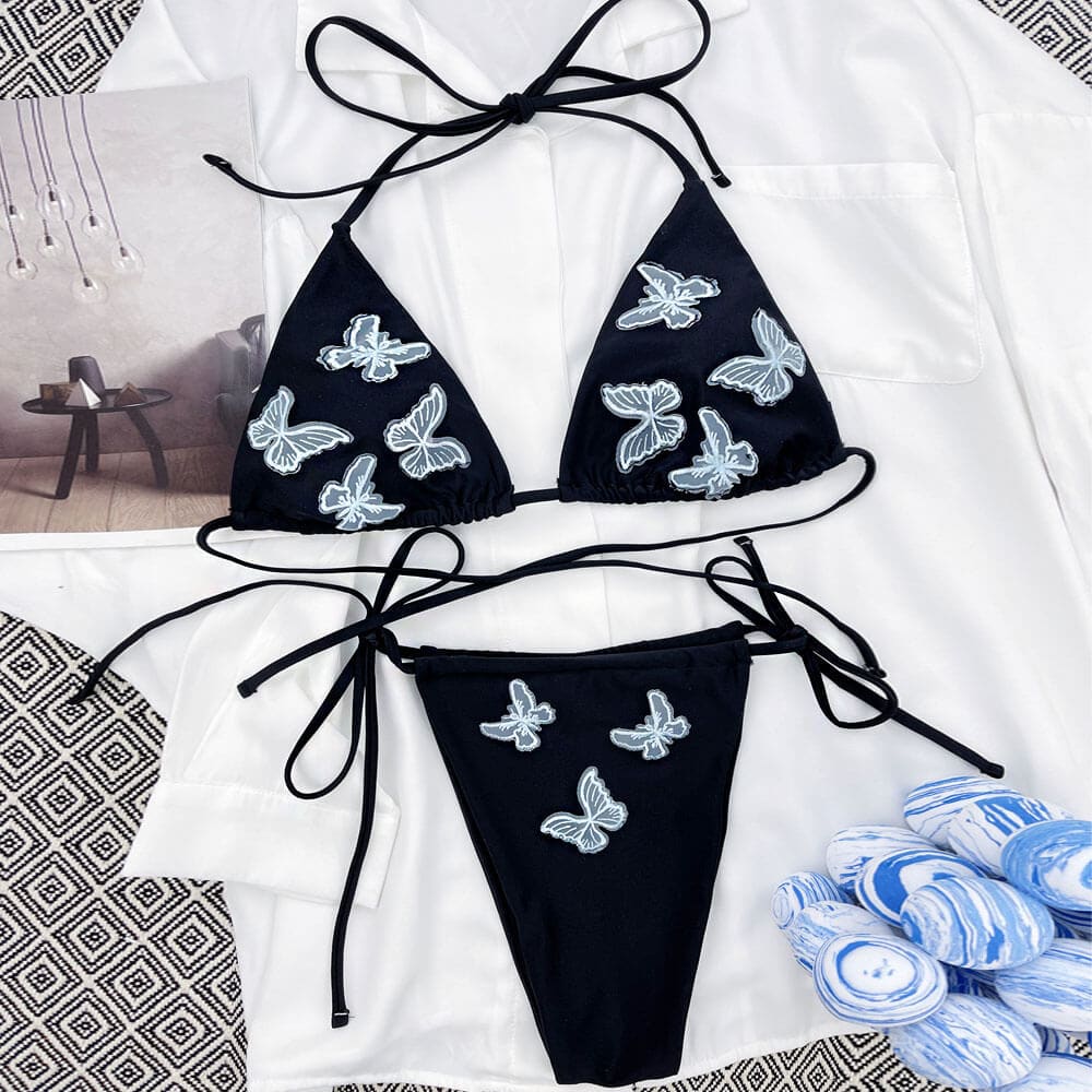 Butterfly Embroidered String Triangle Bikini Swimsuit - On sale