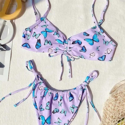 Butterfly Printed Knotted Bralette Bikini Swimsuit - On sale