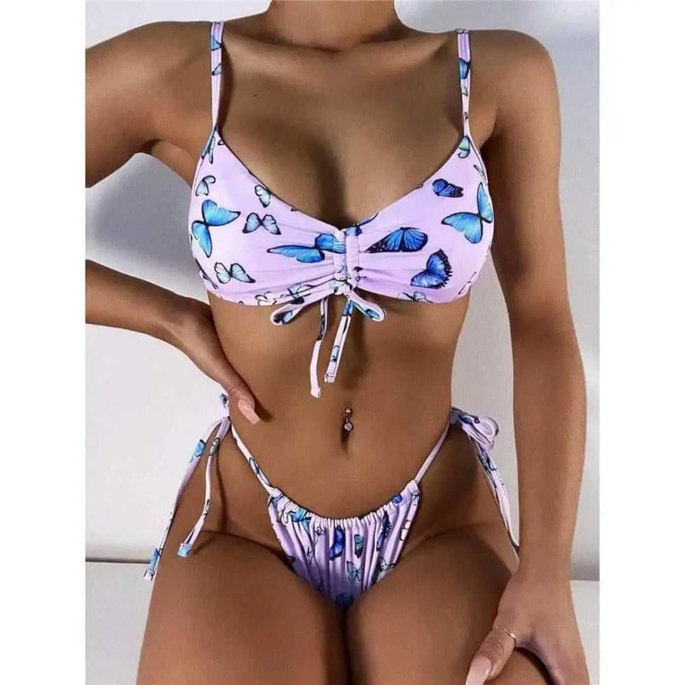 Butterfly Printed Knotted Bralette Bikini Swimsuit - S On sale