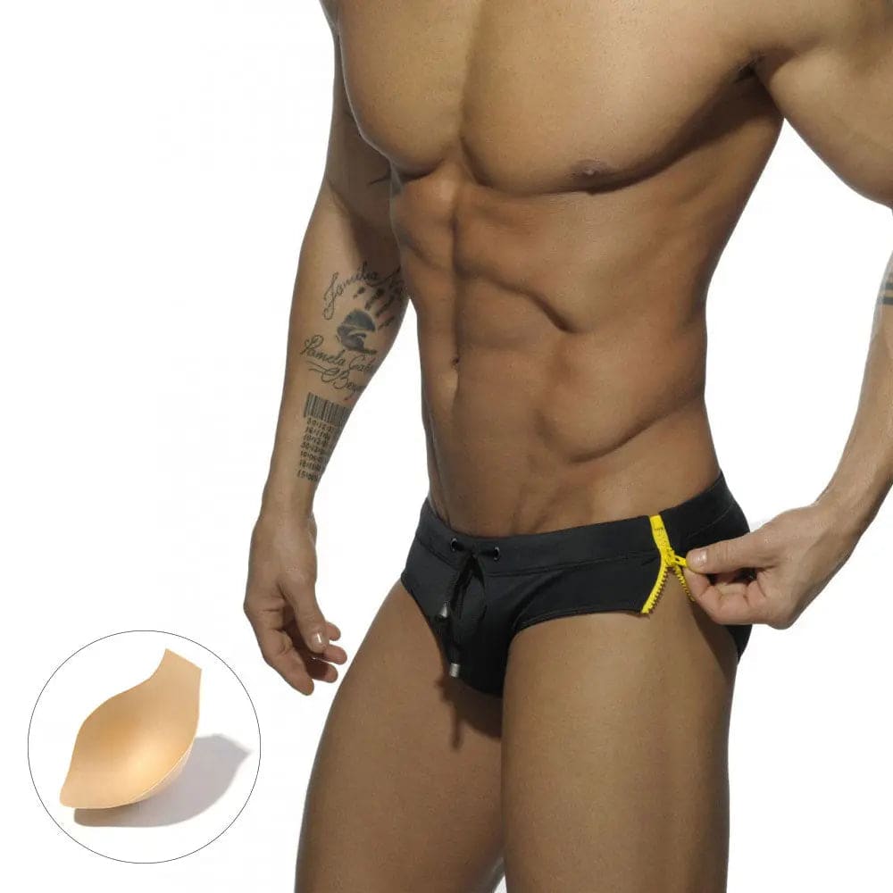 Can Open Zipper Padded Men’s Swim Briefs - Black with Pad / M On sale