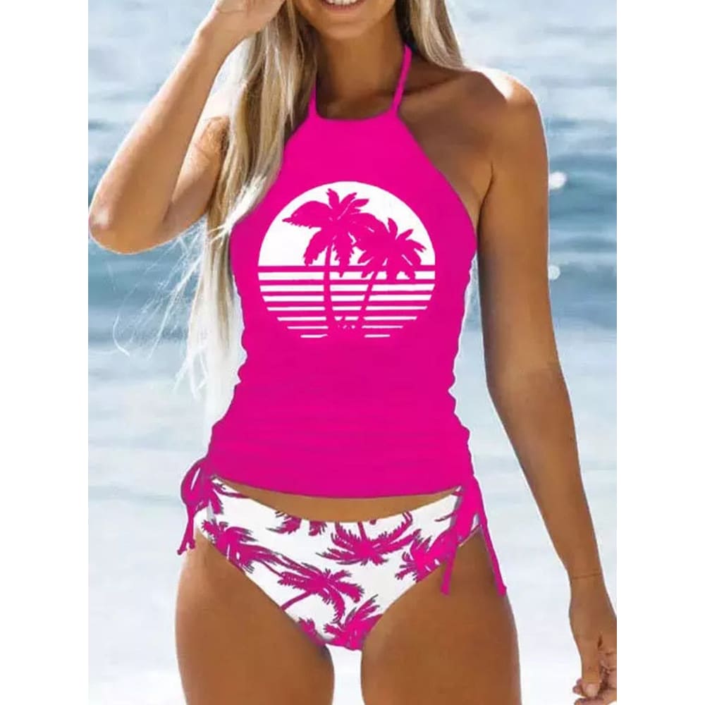 Coconut Drawstring Side Halter Neck Tankini Set - Pink / S On sale