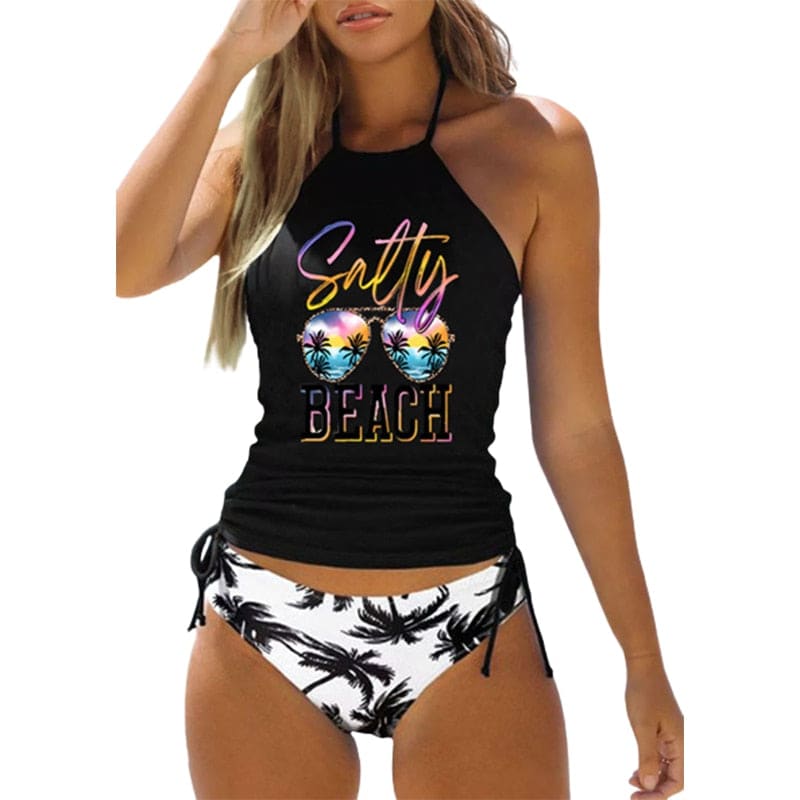 Coconut Drawstring Side Halter Neck Tankini Set - Salty / S On sale