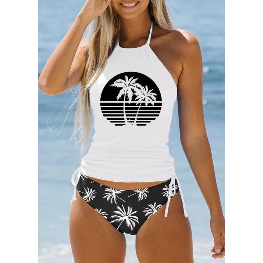 Coconut Drawstring Side Halter Neck Tankini Set - White / S On sale