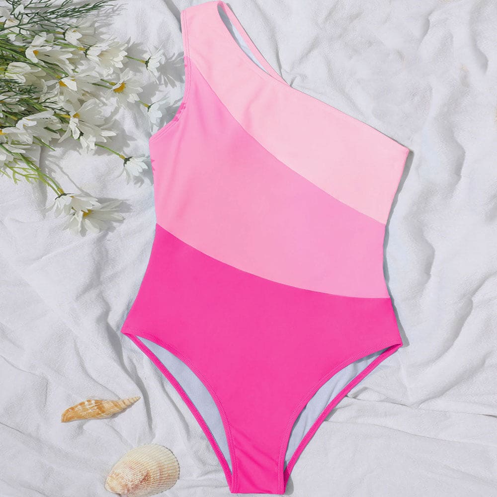 Color Block Patchwork One Shoulder Piece Swimsuit - On sale