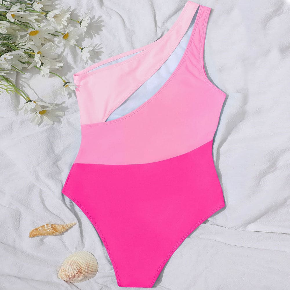 Color Block Patchwork One Shoulder Piece Swimsuit - On sale