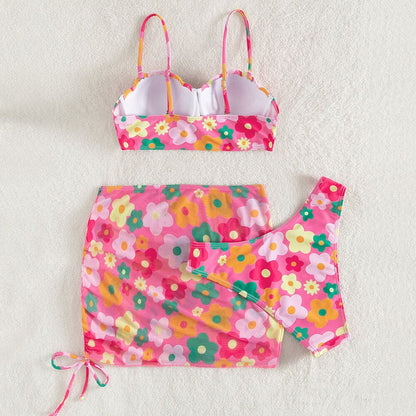 Colorful Floral Scalloped Underwire Three Piece Swimsuit - On sale
