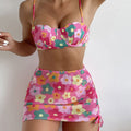 Colorful Floral Scalloped Underwire Three Piece Swimsuit - Hot Pink / S On sale
