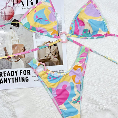 Colorful High Cut Halter Triangle Bikini Swimsuit - On sale
