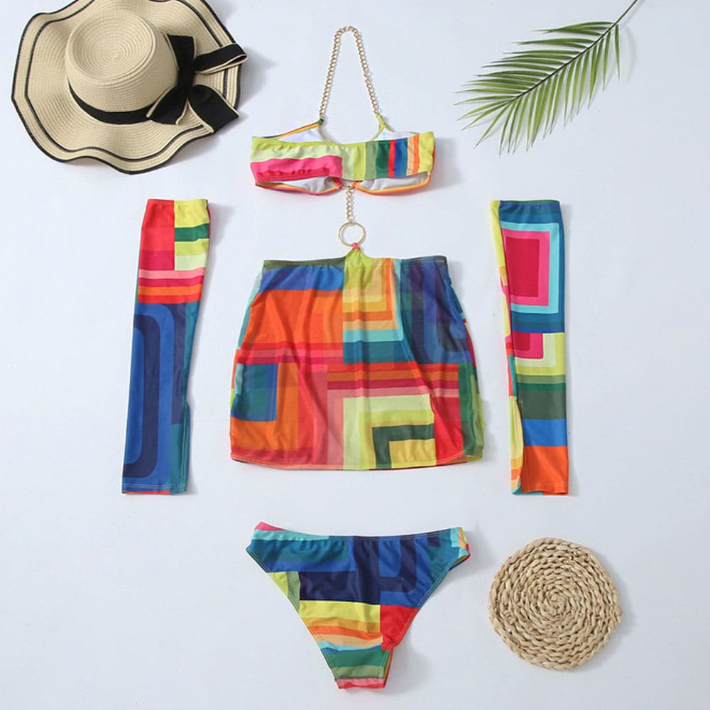 Colorful O Ring Chain Trim Halter One Piece Swimsuit - On sale