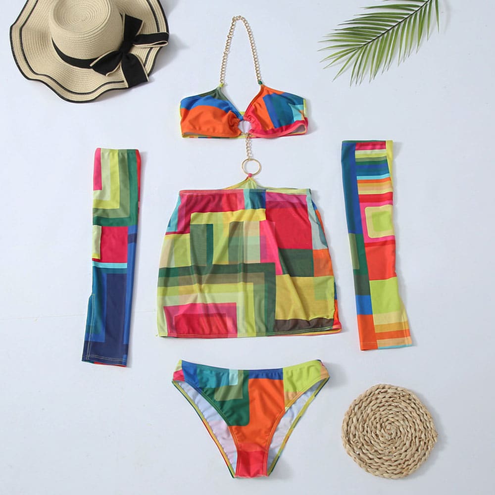 Colorful O Ring Chain Trim Halter One Piece Swimsuit - On sale
