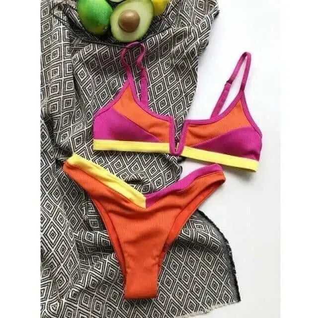 Colorful Print High Leg Notch V Brazilian Bikini Swimsuit - On sale