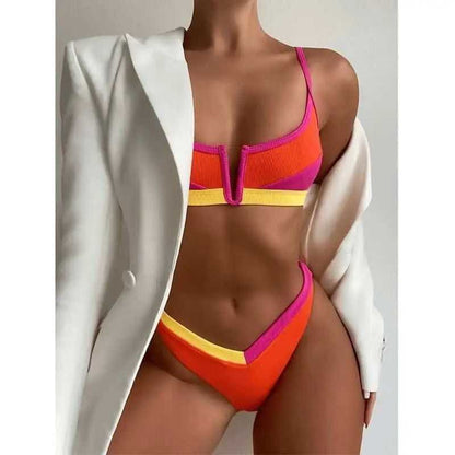 Colorful Print High Leg Notch V Brazilian Bikini Swimsuit - 3st / S On sale
